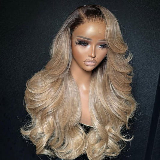Hairvia Professional Toned Ombre Ash Blonde Mixed Dirty Blonde HD Lace Front Human Hair Wigs Glueless Wigs, Hair Texture: Body Wave, Lace Size: 13x6 HD Lace Front Wig